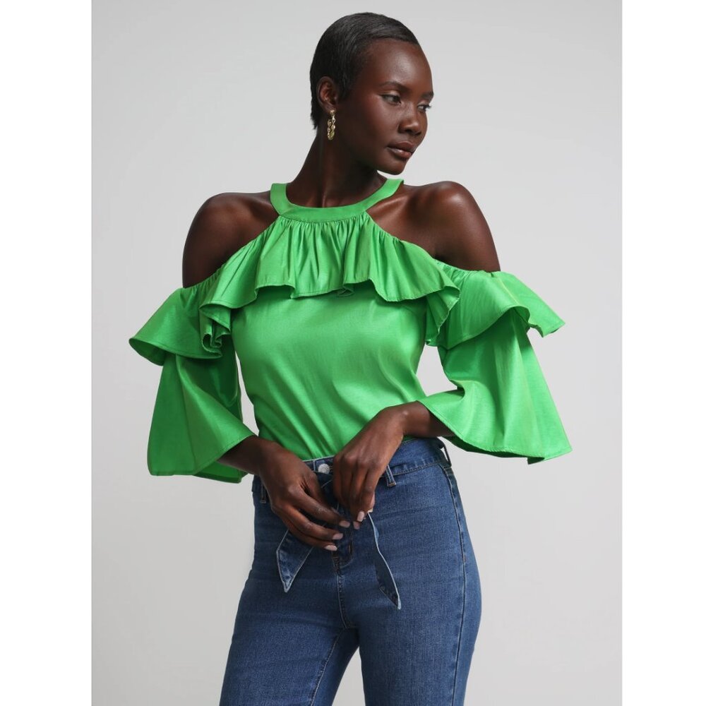NWT New York & Company Cold Shoulder Halter Neck Ruffle Taffeta Blouse: Size Med